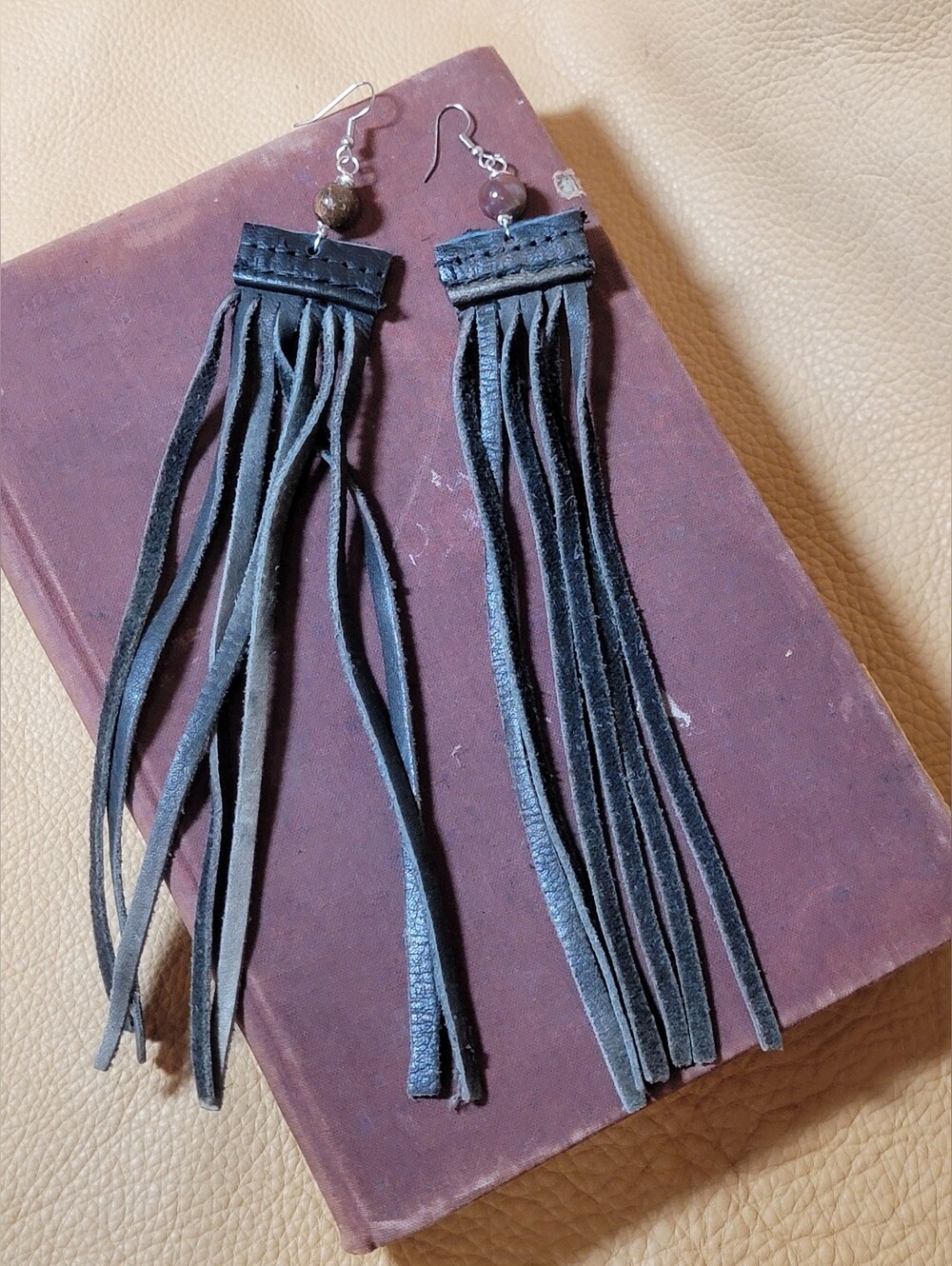 Handmade Leather Fringe With Agate Bead Earrings